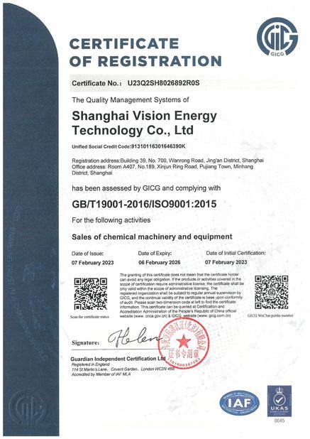 Chine Shanghai Vision Energy Technology Co., Ltd certifications